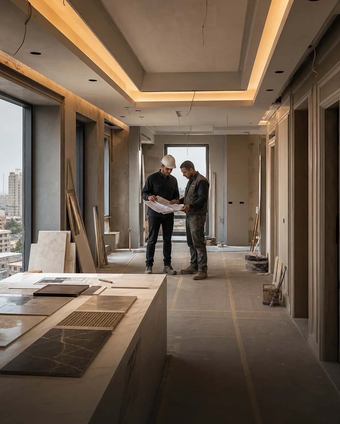 مهندس موقع يراجع مخططات التشطيب مع مسؤول التنفيذ داخل مشروع تحت التشطيب